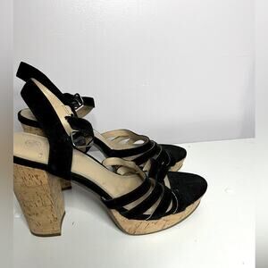 Laurie Felt Women's Strappy Suede Open Toe Cork Heels Black Size 10